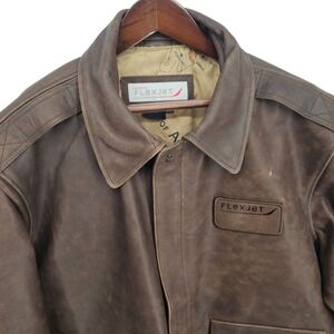 Flexjet Brown Leather Bomber Flight Jacket Mens 2XL Long Rare Vintage Collectors